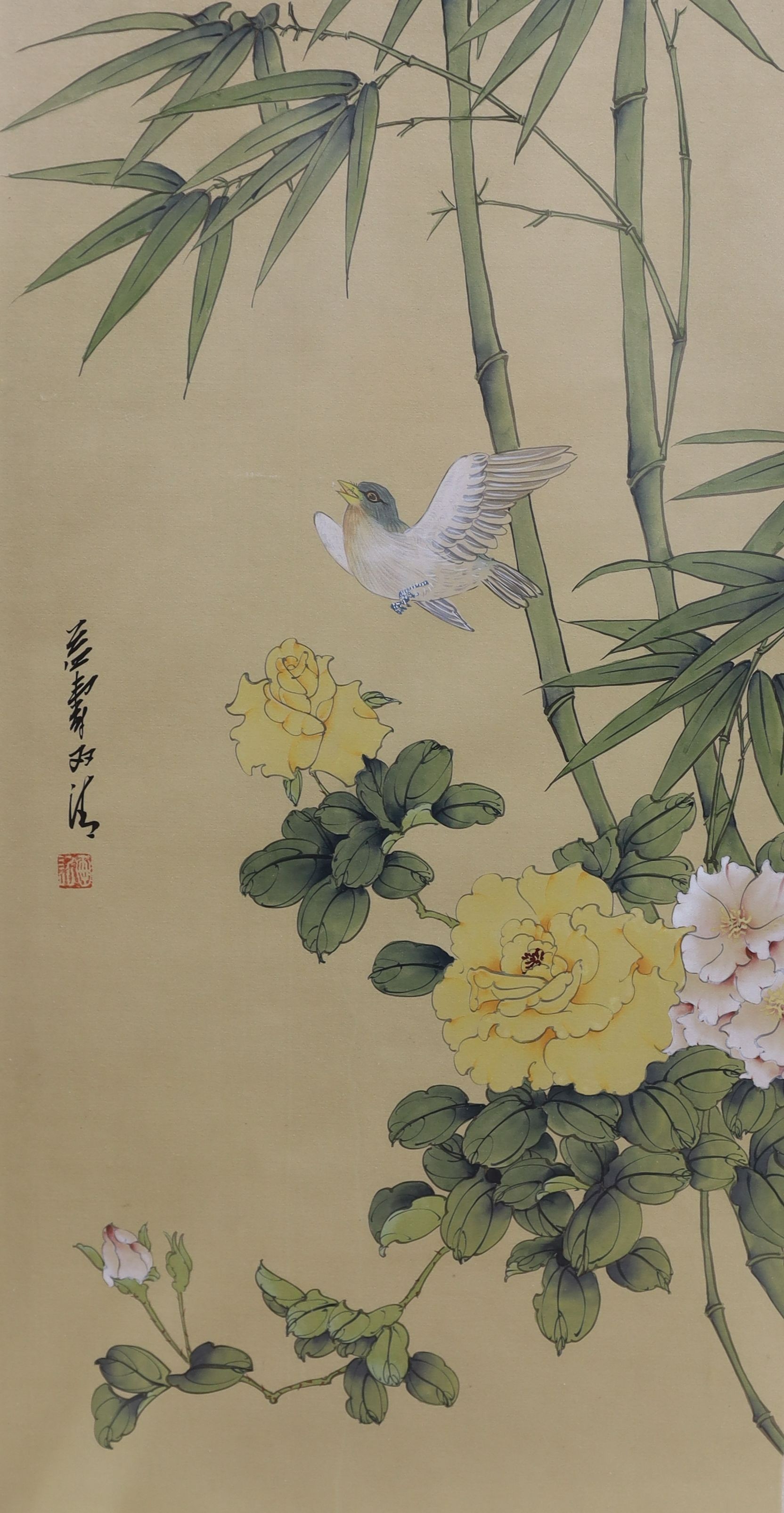 Chinese School, six watercolour and gouache on silk, Studies of birds and flowers, largest 68 x 33cm